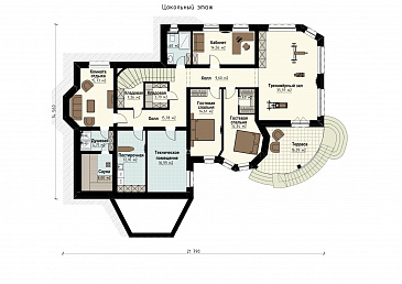 Проект семейного родового дома с террасой, балконами, кабинетами, спортивным залом, сауной / План цокольного этажа