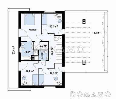 Проект современного двухэтажного дома с плоской крышей из газобетона с четырьмя спальнями, гаражом и просторной террасой над ним / План 2 этажа