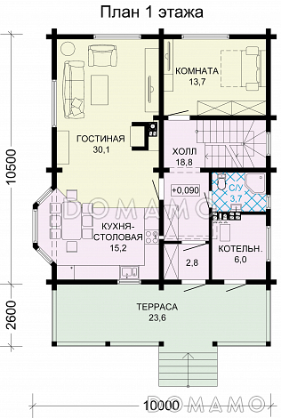 Проект рационально распланированного, уютного дома с тремя просторными спальнями и личным кабинетом / План 1 этажа