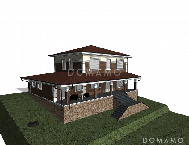 Проект загородного дома с террасой, гаражом, кабинетом, двумя детскими