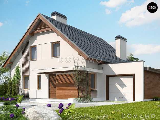 Проект одноэтажного дома из газобетона с мансардным этажом с прямоугольным эркером, балконом и пристроенным гаражом