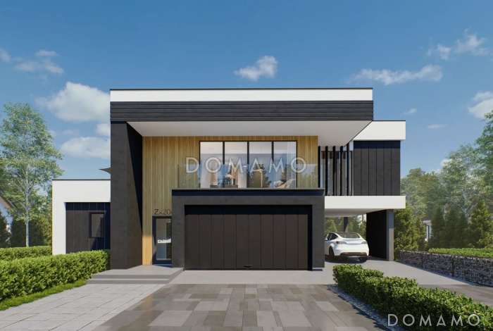 Проект двухэтажного кирпичного дома с террасой, бассейном, гаражом