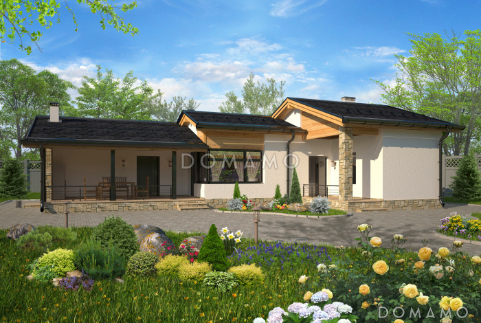 Проект одноэтажного дома по технологии ЛСТК с крытой террасой с барбекю, кладовой, хозблоком, гостиной с камином, парной и комнатой отдыха