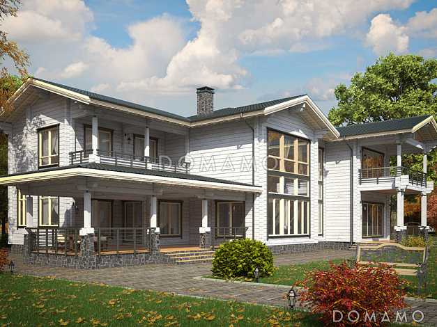 Проект двухэтажного дома из клееного бруса с панорамным остеклением