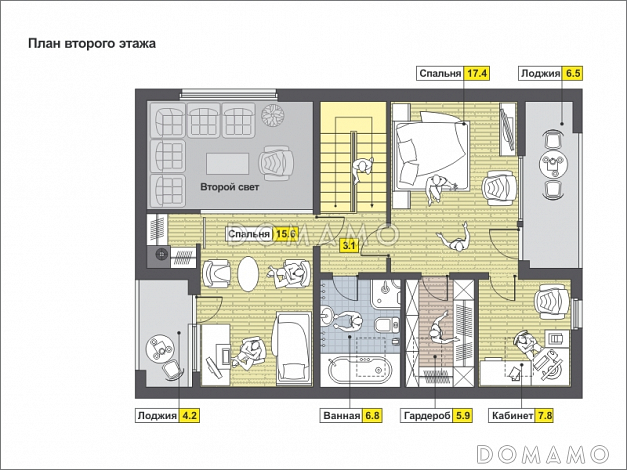 Проект загородного дома с открытой террасой, небольшой кухонной зоной, вторым светом, балконом и лоджией / План мансардного этажа