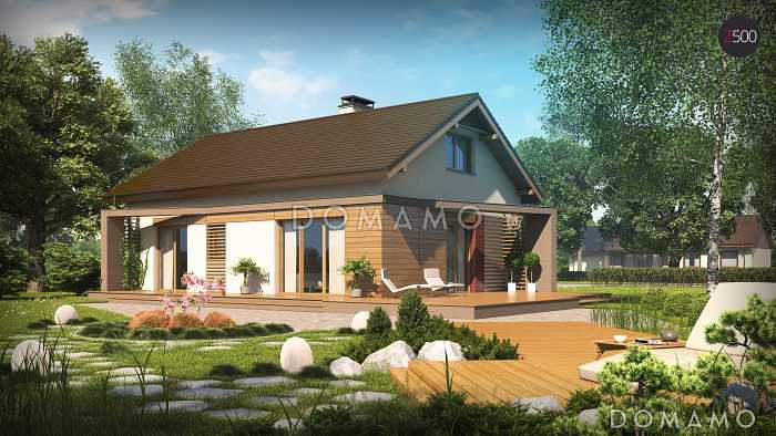 Проект компактного одноэтажного дома из газобетона с оригинальной открытой террасой по периметру 