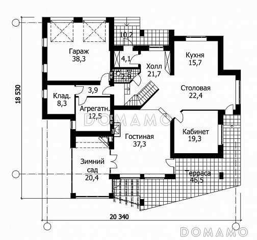 Проект дома из кирпича с комбинированной отделкой фасада / План 1 этажа