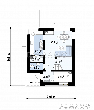 Проект двухэтажного дома из газобетона с дневной зоной на первом этаже и тремя спальнями на втором / План 1 этажа