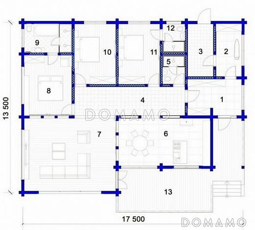Проект дома из клееного бруса с широкими французскими окнами в пол / План 1 этажа