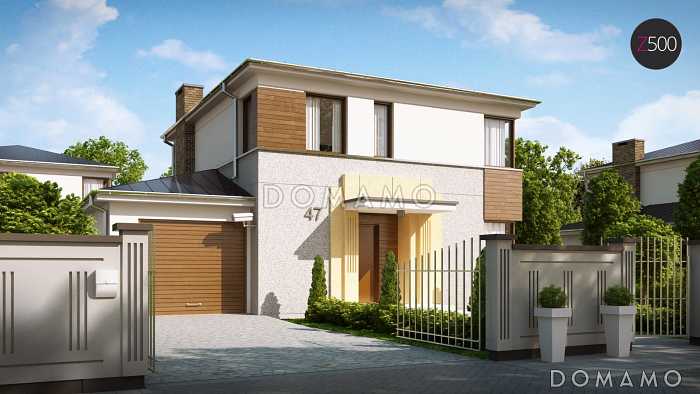 Проект современного двухэтажного дома из газобетона с тремя спальнями и пристроенным гаражом