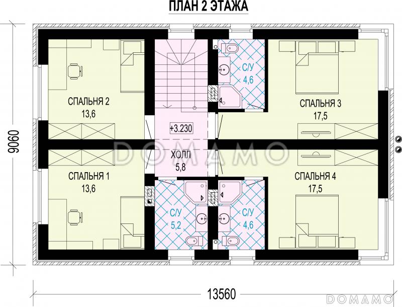 Проект современного двухэтажного дома с тремя мастер-спальнями, котельной и барбекю на террасе / План 2 этажа