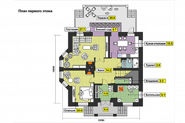 Проект двухэтажного дома с эркером, балконами, зимним садом, спальней на первом этаже / План 1 этажа