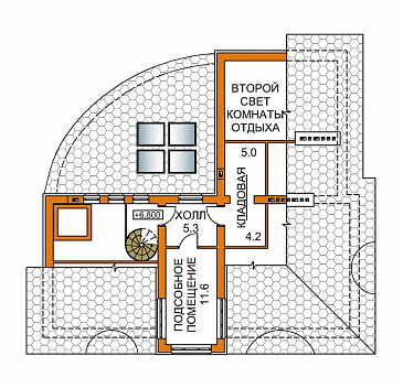 Проект четырехэтажного дома с необычной формой в плане, двусветной гостиной и бассейном / План мансардного этажа