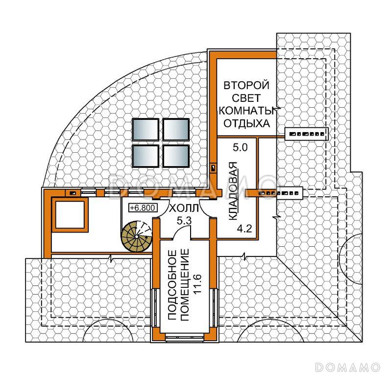 Проект четырехэтажного дома с необычной формой в плане, двусветной гостиной и бассейном / План мансардного этажа