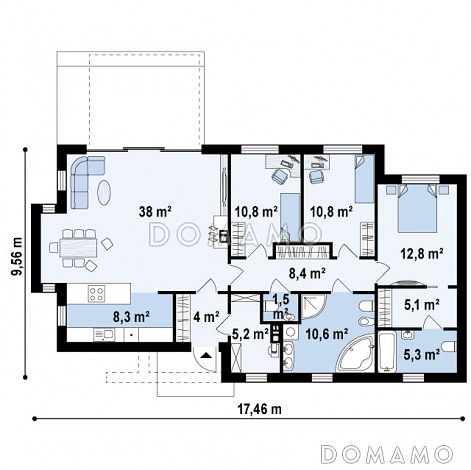 Проект современного одноэтажного дома из газобетона со светлой просторной гостиной и тремя спальнями в стиле хай-тек / План 1 этажа