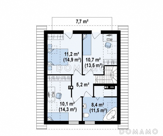 Проект простого одноэтажного мансардного дома из газобетона с тремя спальнями / План мансардного этажа