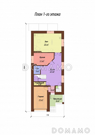 Проект одноэтажного дома с мансардным и цокольным этажами, с гаражом / План 1 этажа