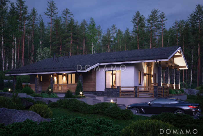 Проект одноэтажного дома с тремя спальнями, двумя крытыми террасами и чердаком