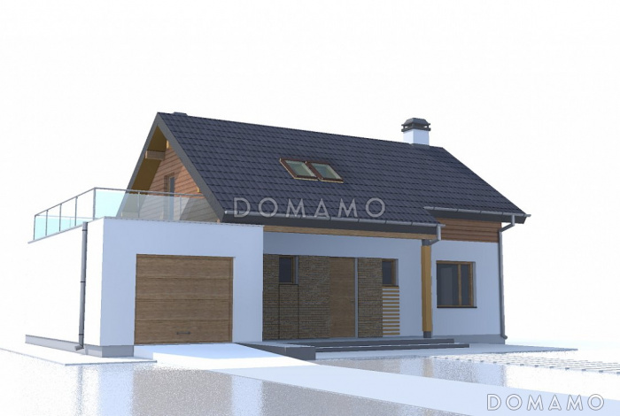 Проект компактного одноэтажного мансардного дома из кирпича с кабинетом, тремя спальнями и открытой террасой над гаражом