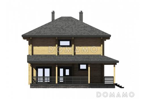Проект двухэтажного дома из бруса с четырьмя спальнями, кабинетом и крытой террасой / Фасад 2