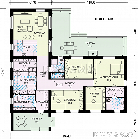 Проект одноэтажного газобетонного дома в стиле хай-тек с плоской кровлей и просторной террасой / План 1 этажа