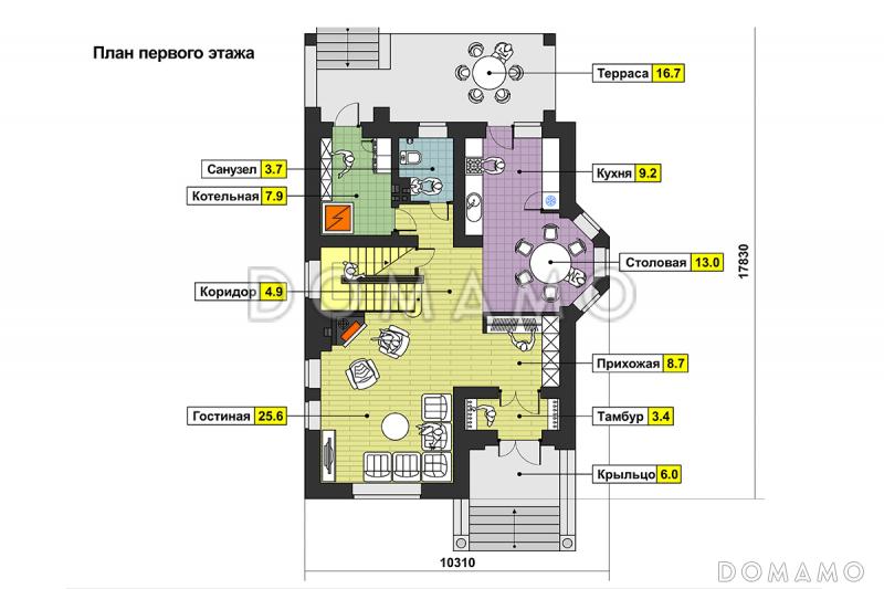 Проект дома с эркером, открытой террасой, балконом, гостиной с камином, гостевыми на мансардном этаже / План 1 этажа