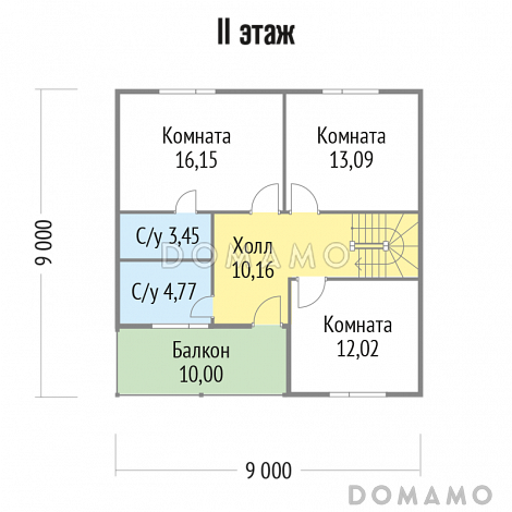 Проект двухэтажного дома из клееного бруса с внутренней одномаршевой лестницей с ограждением / План мансардного этажа