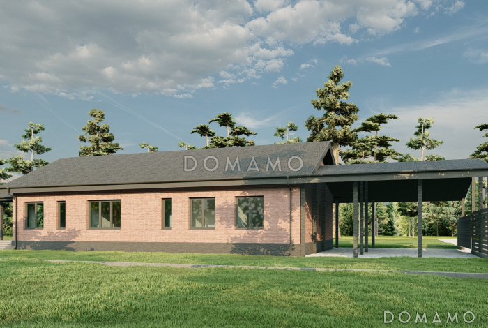 Проект одноэтажного дома с большим навесом для автомобилей, мастер-спальней и широкой террасой