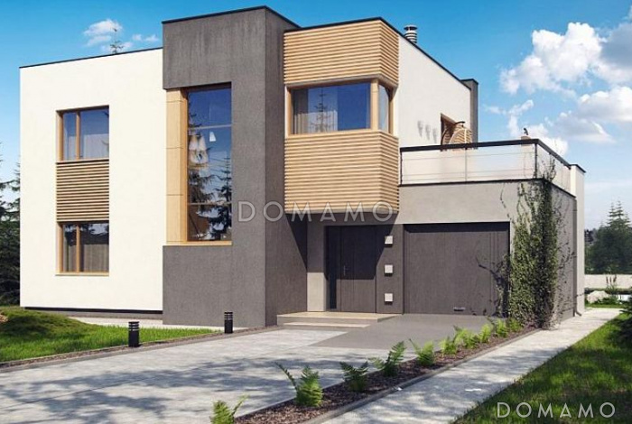 Проект дома с гаражом, кладовой, ванной с угловым окном, террасой на втором этаже