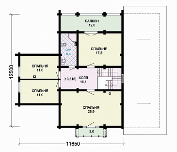 Проект деревянного дома с небольшой парной, просторной террасой и навесом для машины / План мансардного этажа