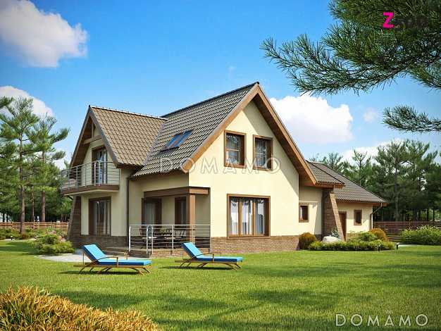 Проект просторного комфортного мансардного дома из кирпича с необычной планировкой и гаражом