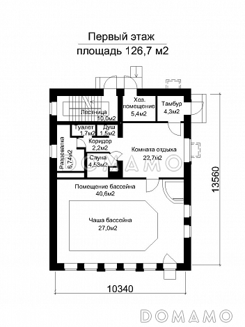 Проект отдельно стоящего бассейна круглогодичного использования  / План 1 этажа