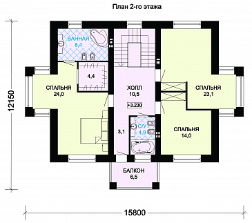 Проект двухэтажного особняка с тремя спальными комнатами и комнатой для гостей / План 2 этажа