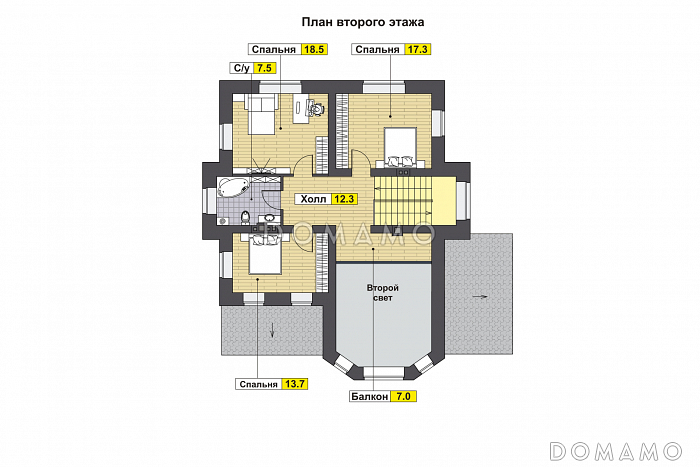 Проект дома с эркером, вторым светом, гостевой, крытой террасой / План 2 этажа