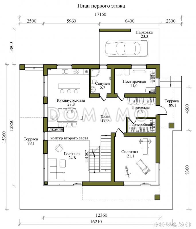 Проект двухэтажного каркасного дома в стиле хай-тек с масштабным остеклением, вторым светом и спортзалом / План 1 этажа