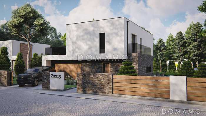 Проект двухэтажного дома с гаражом, гостиной с камином, кладовой, балконами, мастер-спальней