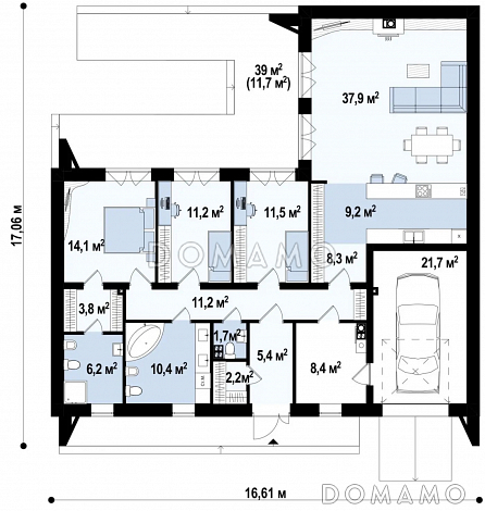 Проект современного одноэтажного дома из газобетона с плоской крышей, с тремя комнатами и гаражом  / План 1 этажа