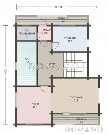 Проект дома из клееного бруса до 200 кв.м / План 1 этажа