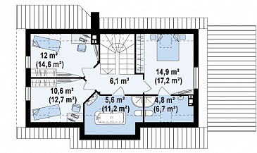 Проект традиционного мансардного дома из газобетона с дополнительной спальней на первом этаже и гаражом / План мансардного этажа