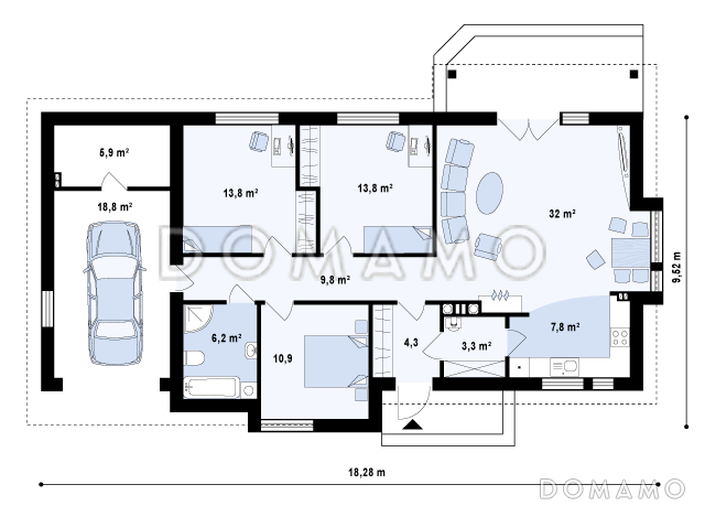 Проект одноэтажного дома из кирпича с современными фасадами, эркерами и гаражом / План 1 этажа