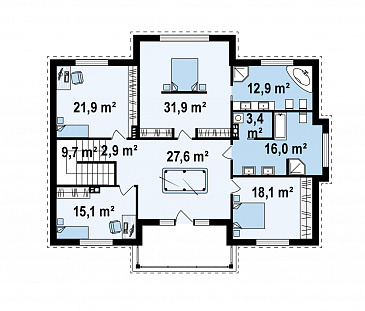 Проект большого двухэтажного дома из газобетона с четырьмя спальнями, сауной и просторной дневной зоной / План 2 этажа