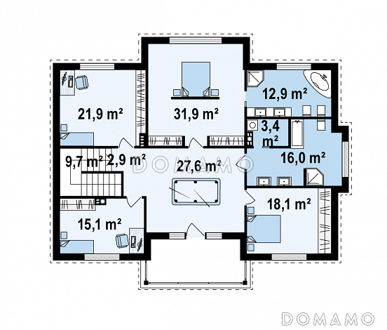 Проект большого двухэтажного дома из газобетона с четырьмя спальнями, сауной и просторной дневной зоной / План 2 этажа