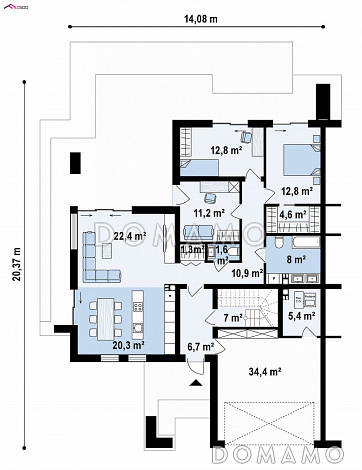 Проект современного двухуровневого дома из газобетона с плоской крышей, террасами и гаражом  / План 1 этажа