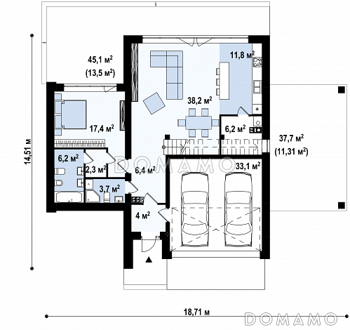 Проект современного двухуровневого дома из газобетона с несколькими террасами, двухместным гаражом и навесом / План 1 этажа