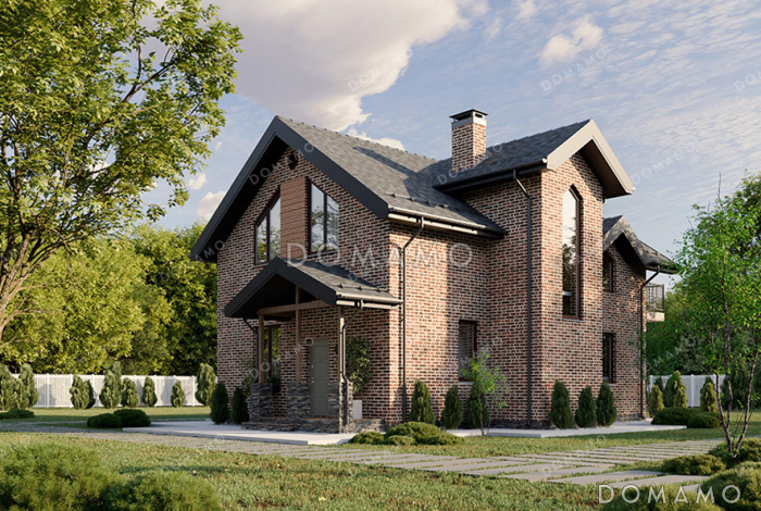 Проект дома с 4 спальнями на мансарде, балконом, террасой и гостевой комнатой на первом этаже