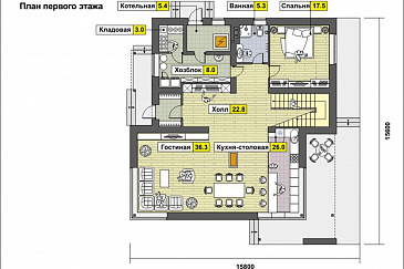 Проект дома по технологии ЛСТК со спальней на первом этаже, ванной с окном, вторым светом в гостиной, двумя балконами / План 1 этажа