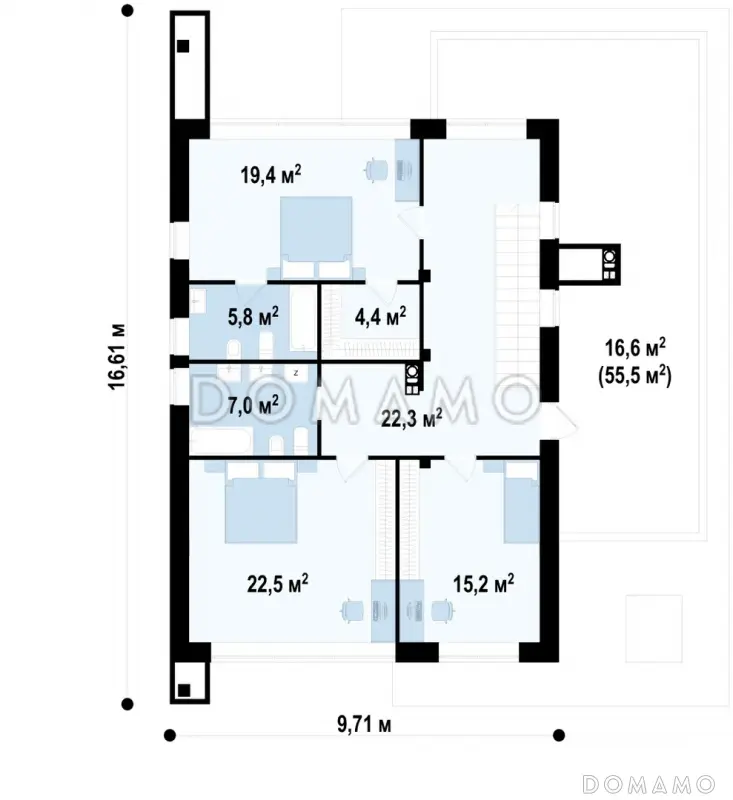 Проект дома из газобетона с 4 спальнями и большой гостиной, адаптированный для сейсмозоны / План 2 этажа