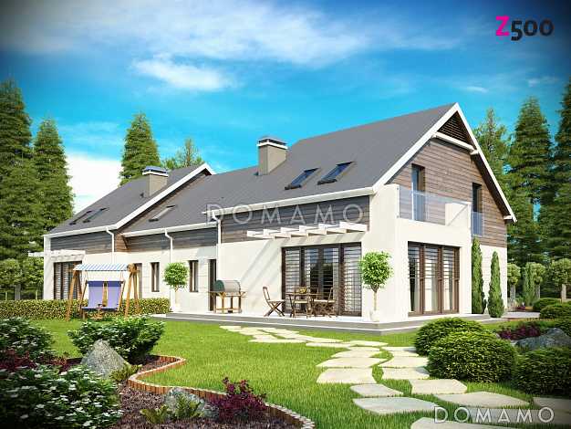 Проект современных мансардных домов-близнецов из кирпича с гаражом, тремя спальнями и балконом