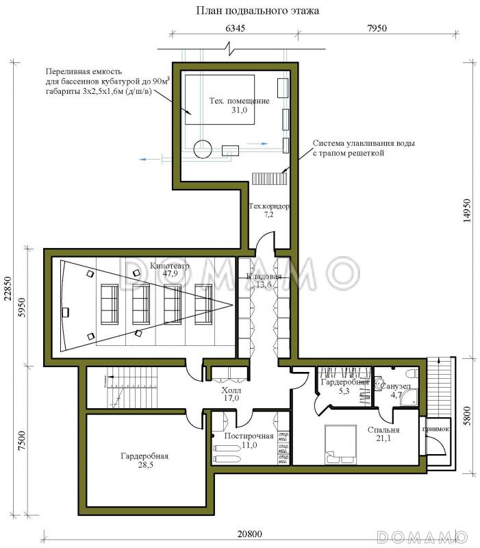 Проект крупномасштабного двухэтажного дома в стиле хай-тек с подвалом и бассейном / План цокольного этажа