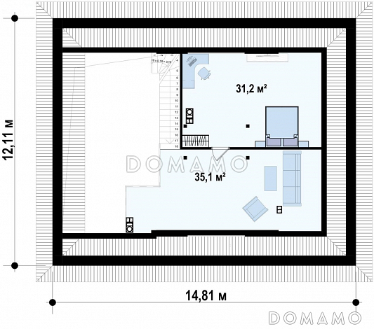 Проект современного дома с мансардным этажом, кладовой, душевой и сауной / План мансардного этажа